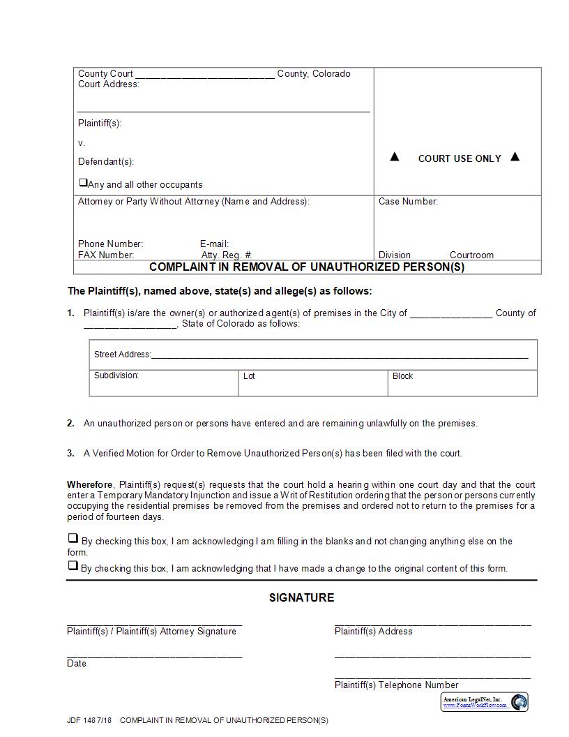 Complaint In Removal Of Unauthorized Person {JDF 148} | Pdf Fpdf Docx | Colorado