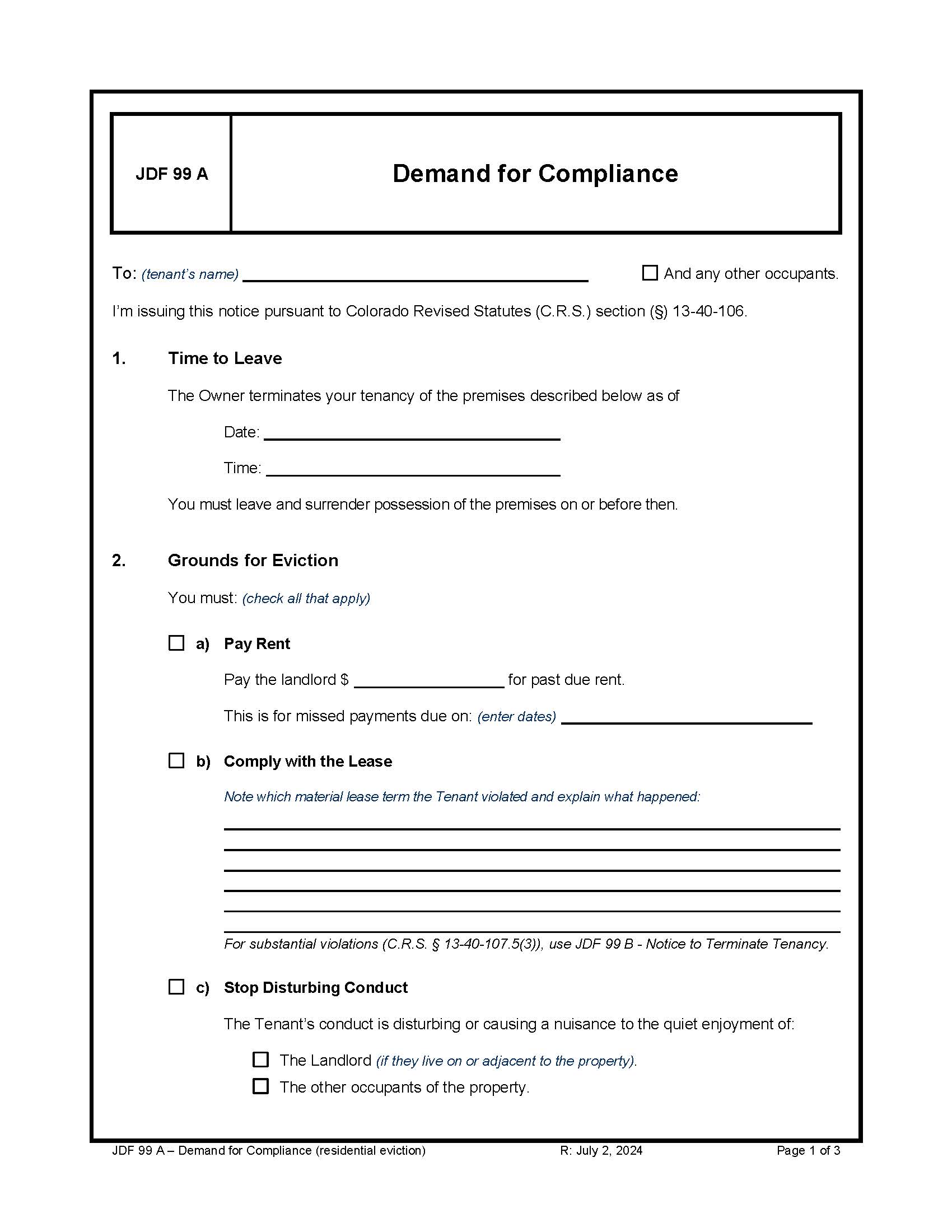 Demand For Compliance {JDF 99A} | Pdf Fpdf Docx | Colorado