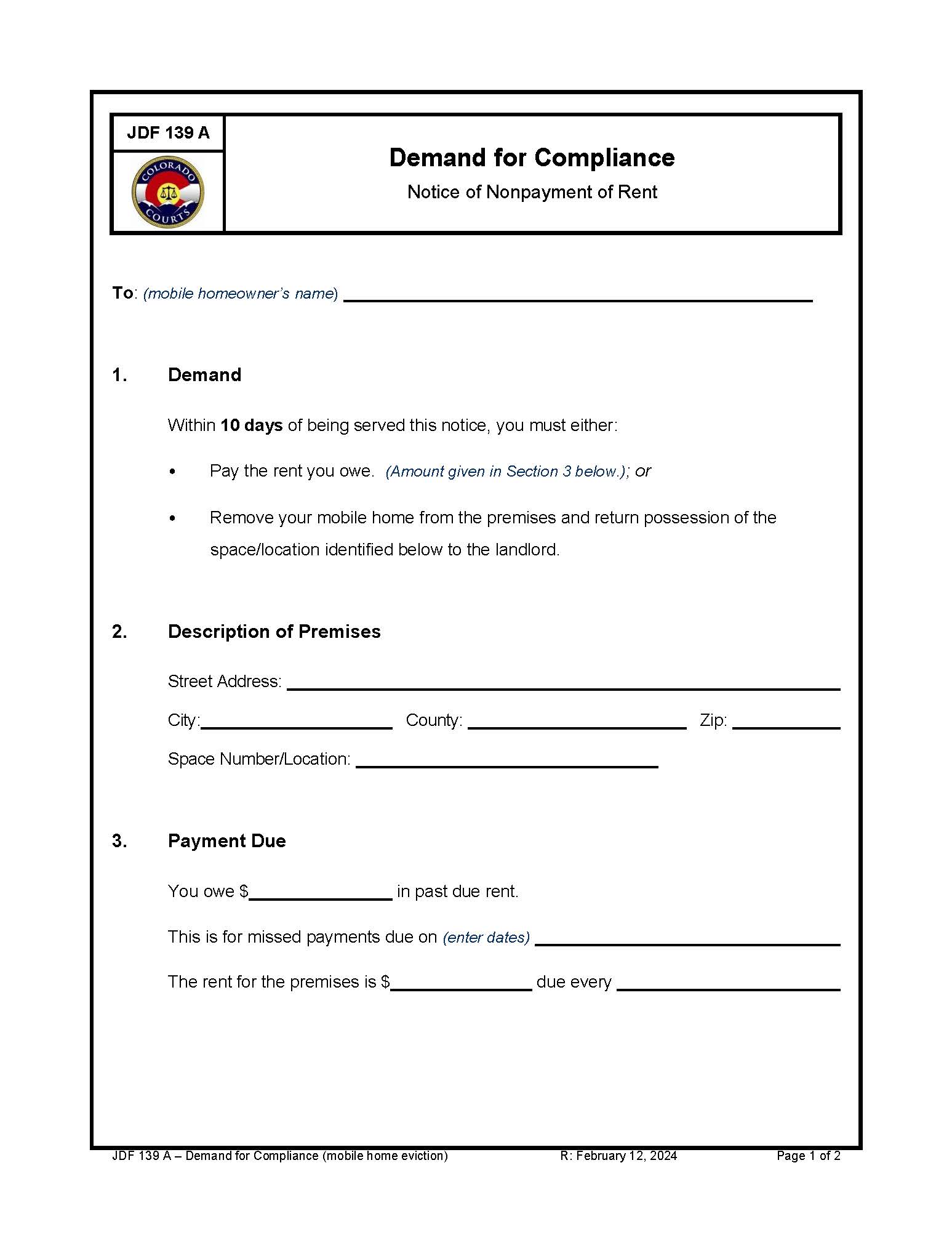 Demand For Compliance Notice Of Nonpayment Of Rent {JDF 139A} | Pdf Fpdf Docx | Colorado
