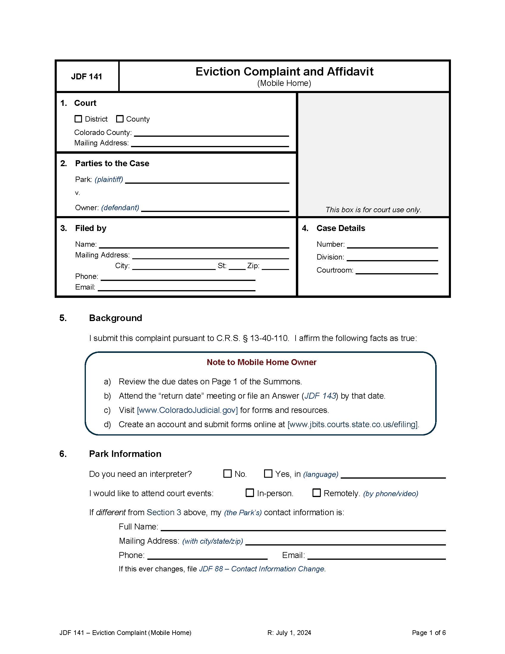 Eviction Complaint And Affidavit Mobile Home {JDF 141} | Pdf Fpdf Docx | Colorado