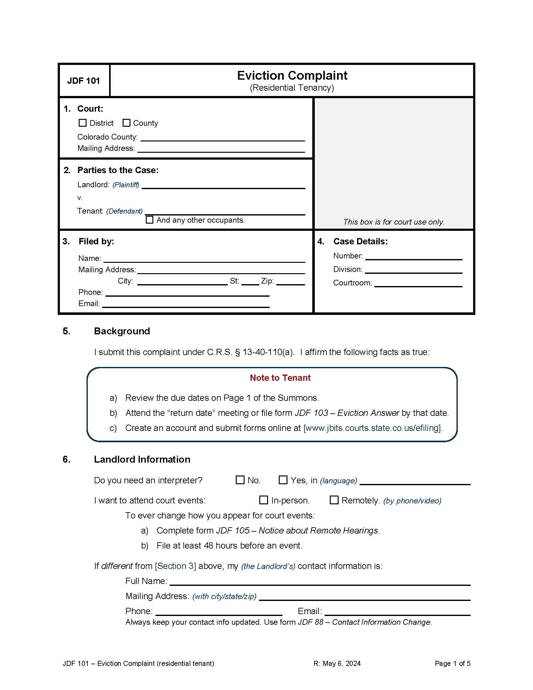 Eviction Complaint and Affidavit {JDF 101} | Pdf Fpdf Docx | Colorado