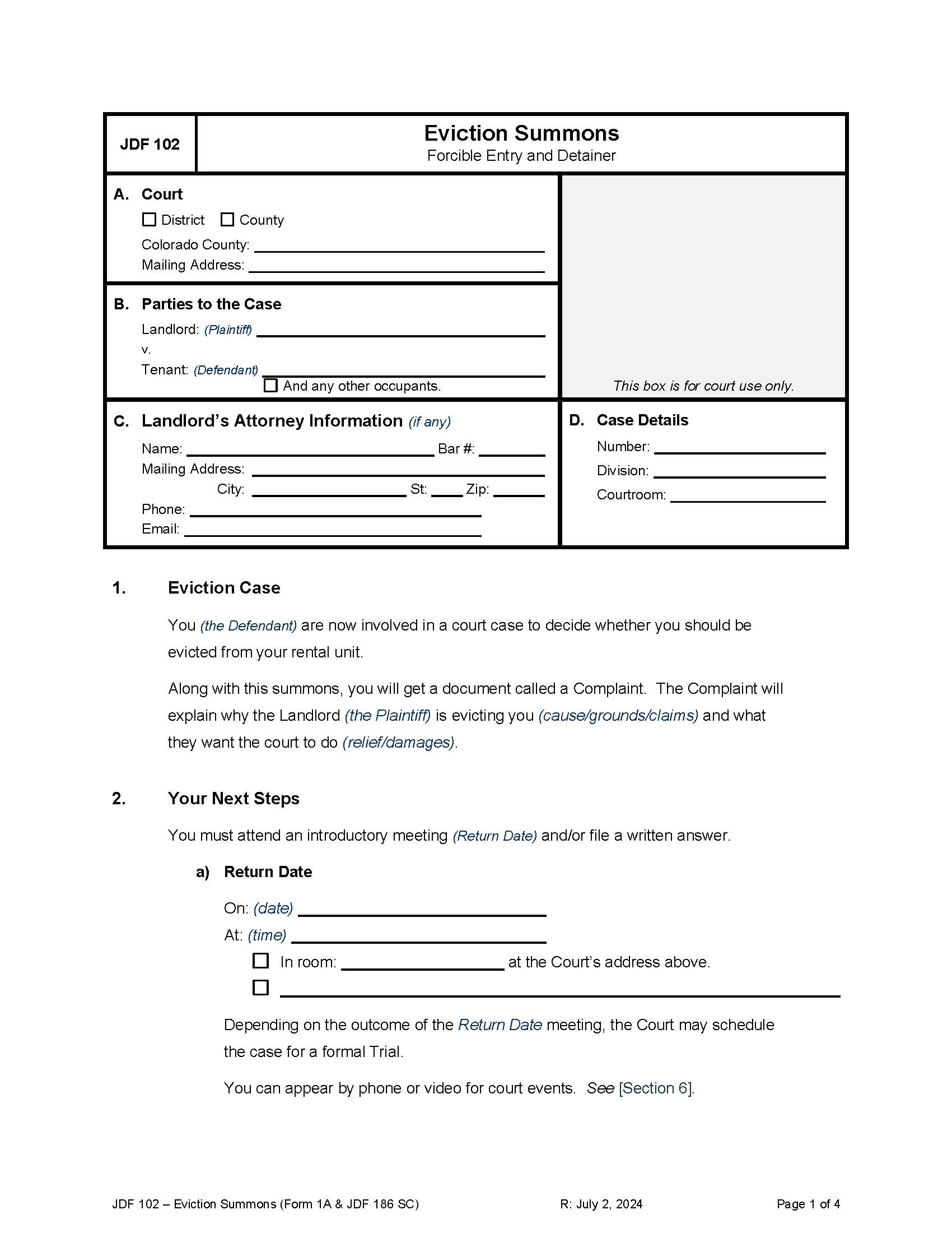 Eviction Summons {JDF 102 1A} | Pdf Fpdf Docx | Colorado