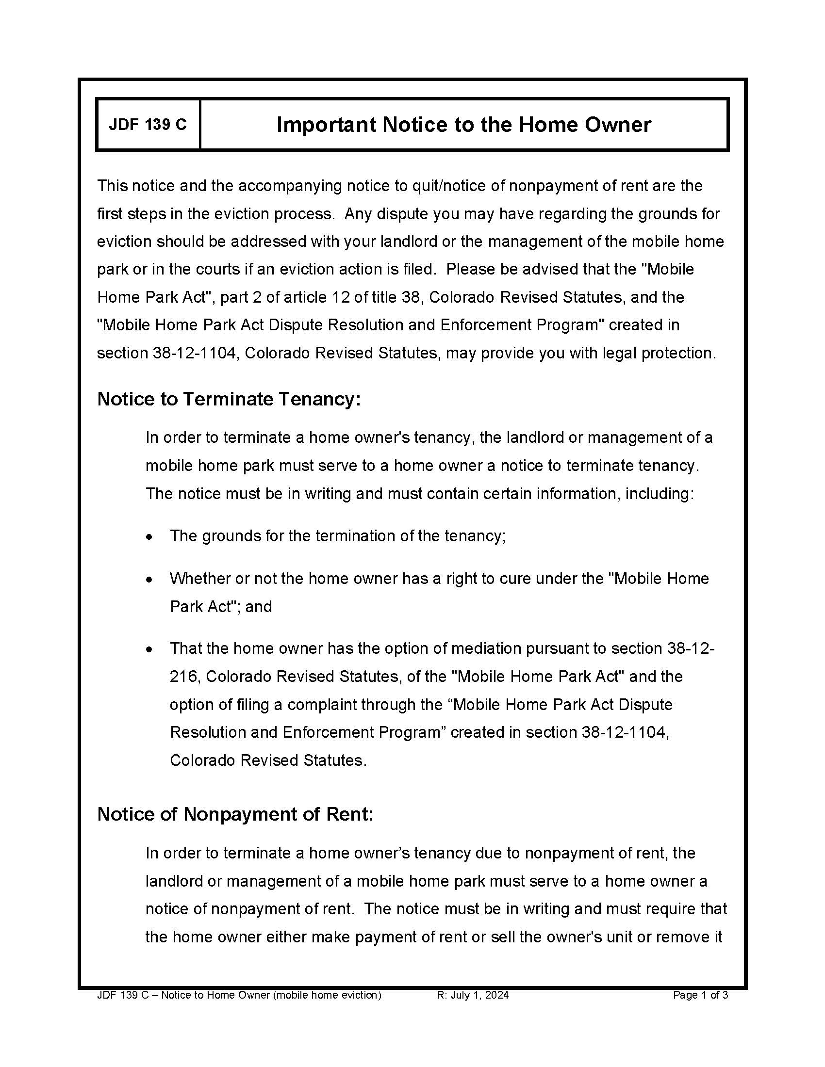 Important Notice To Homeowner {JDF 139C} | Pdf Fpdf Docx | Colorado
