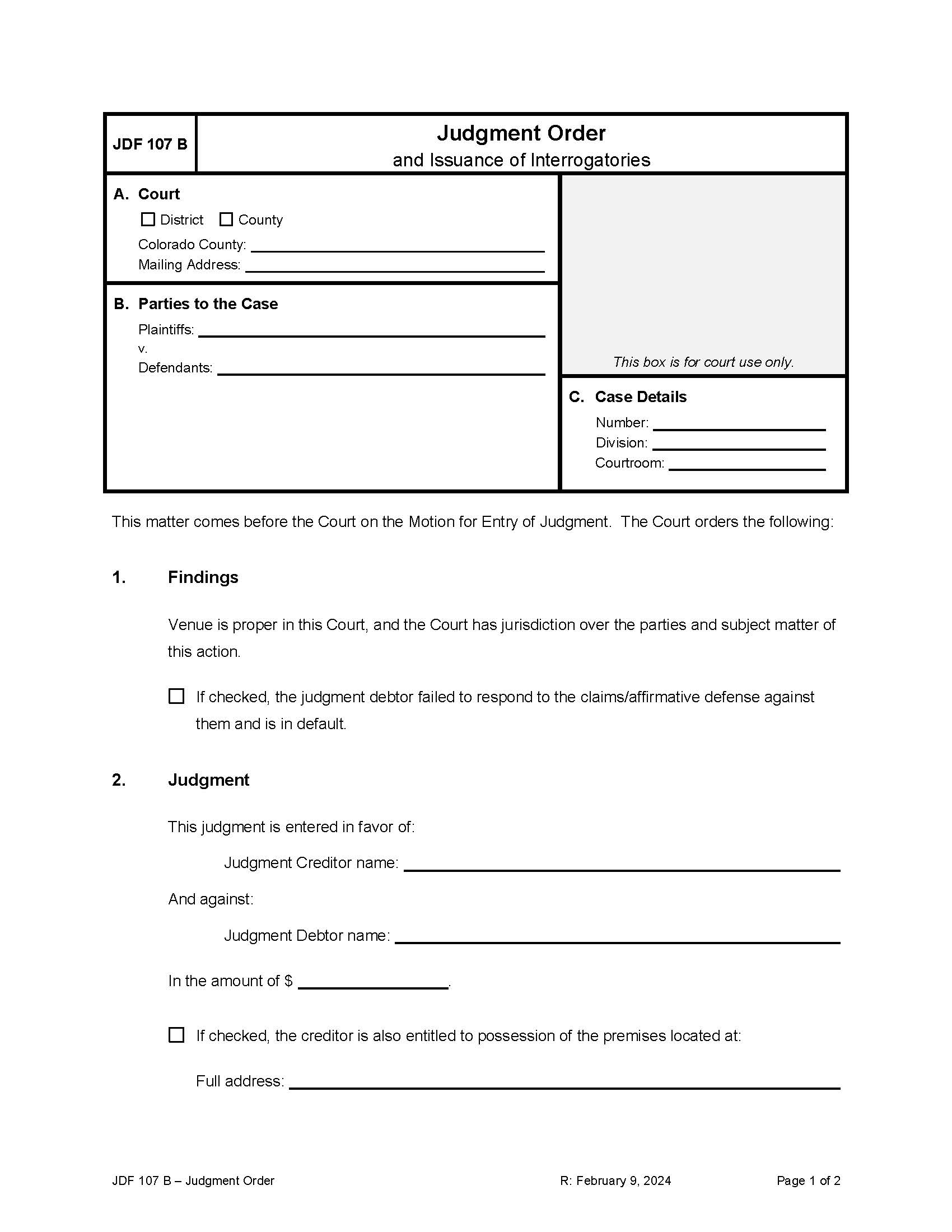Judgment Order And Issuance Of Interrogatories {107B} | Pdf Fpdf Doc Docx | Colorado