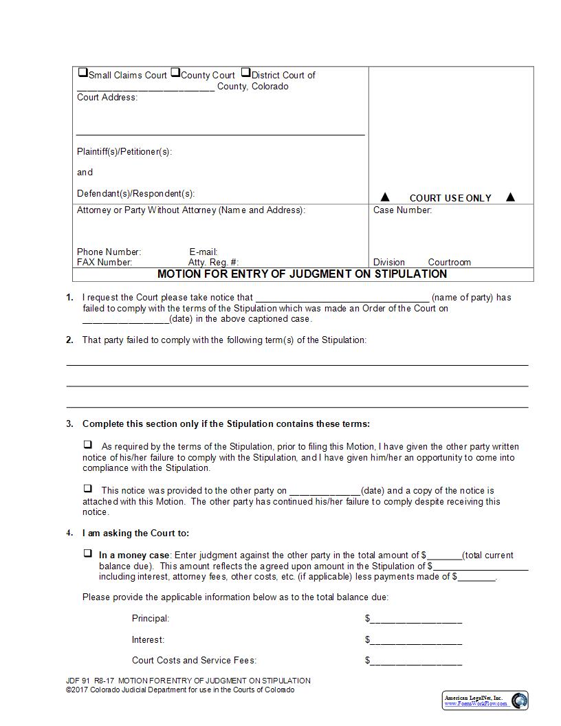 Motion For Entry Of Judgment On Stipulation {JDF 91} | Pdf Fpdf Docx | Colorado