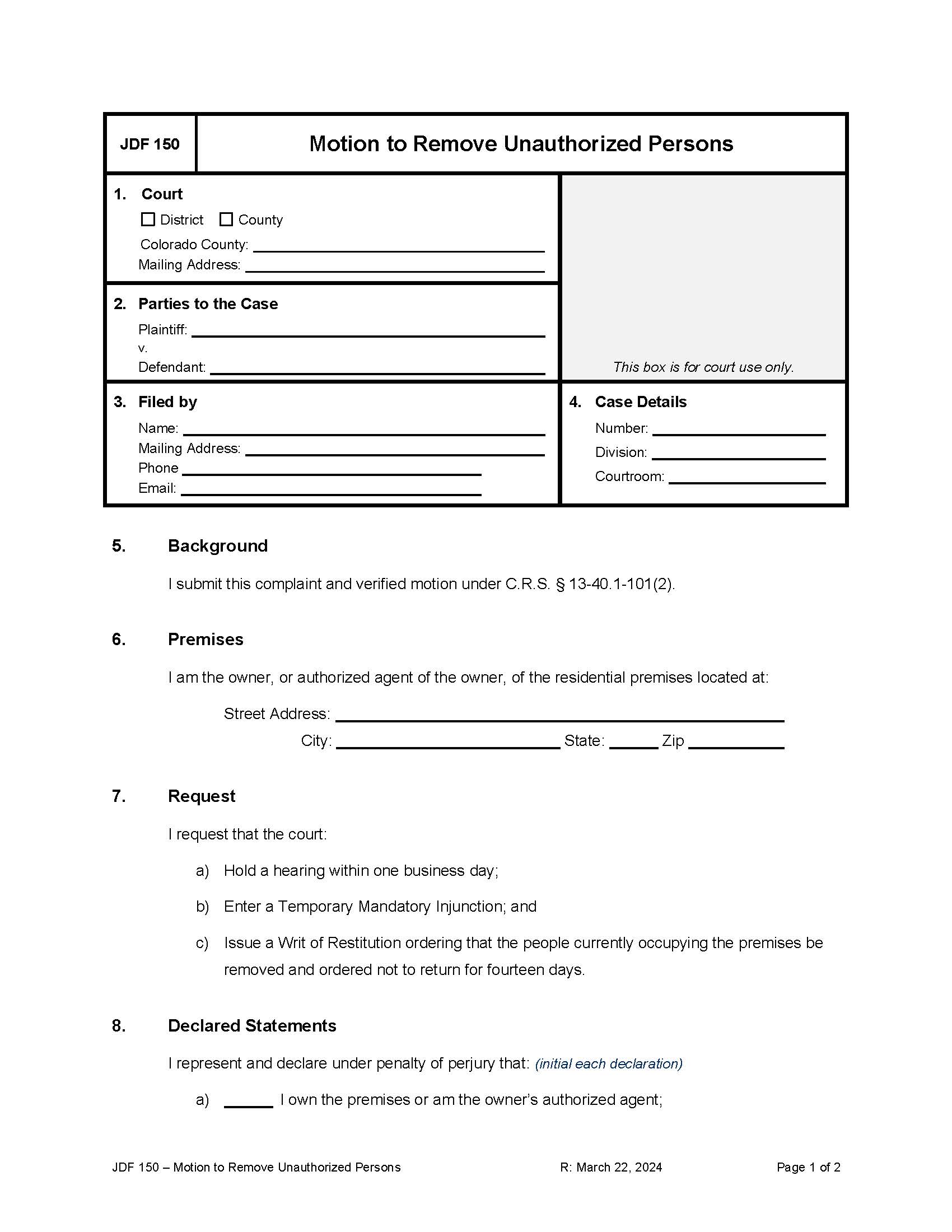 Motion For Order To Remove Unauthorized Person {JDF 150} | Pdf Fpdf Docx | Colorado