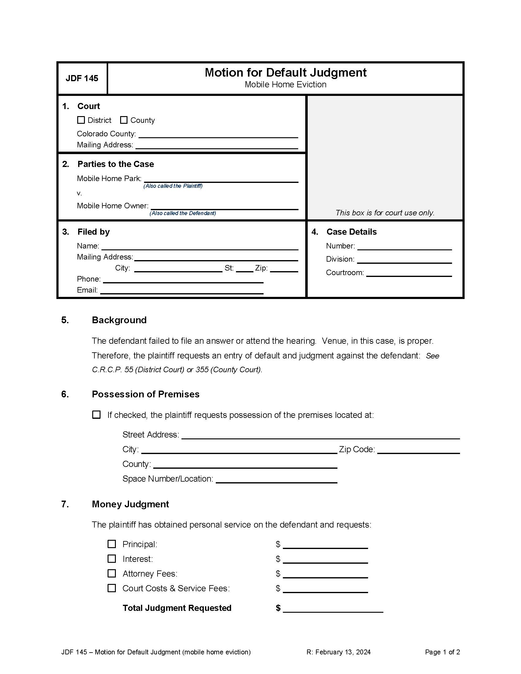 Motion for Entry of Judgment Mobile Home {JDF 145} | Pdf Fpdf Docx | Colorado