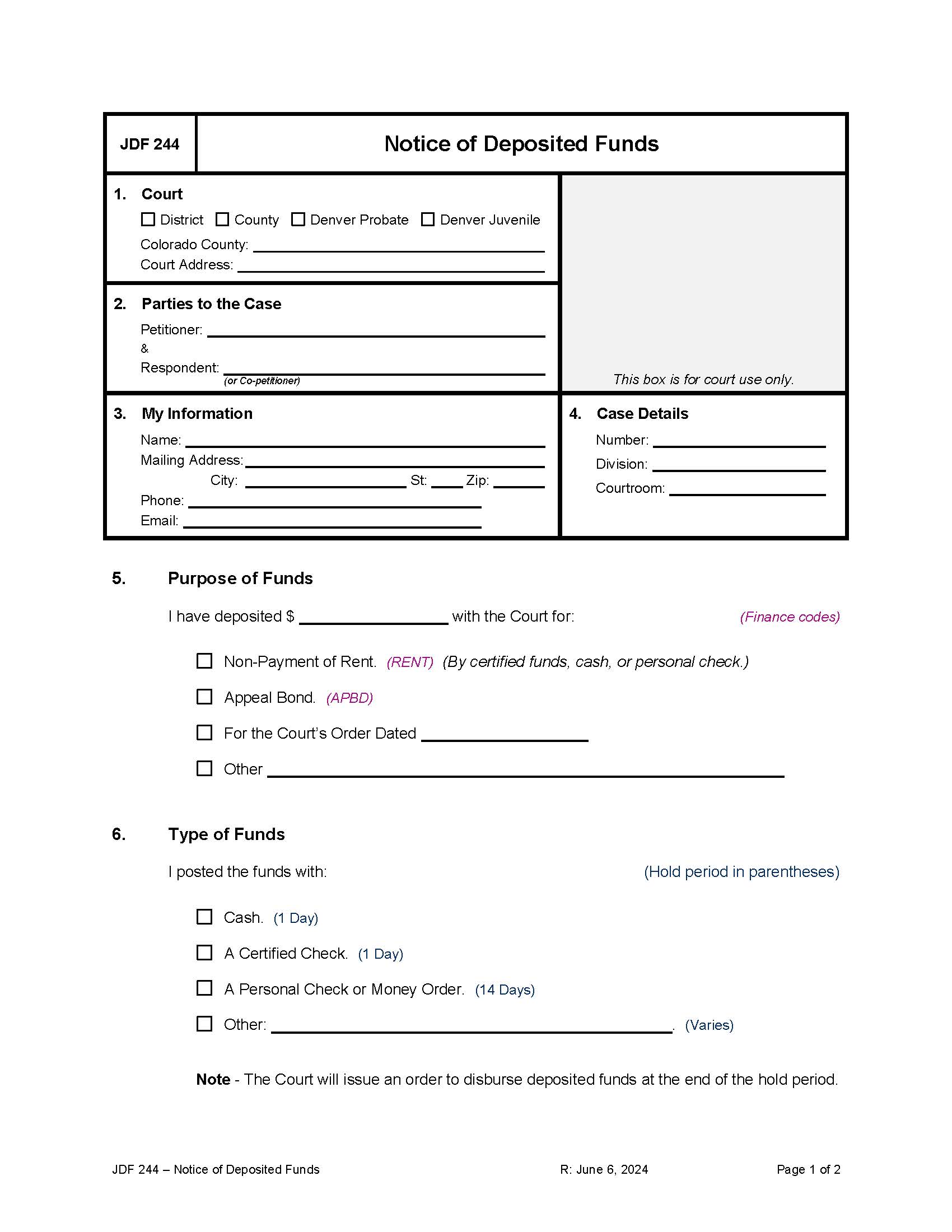 Notice Of Deposited Funds {JDF 244} | Pdf Fpdf Docx | Colorado