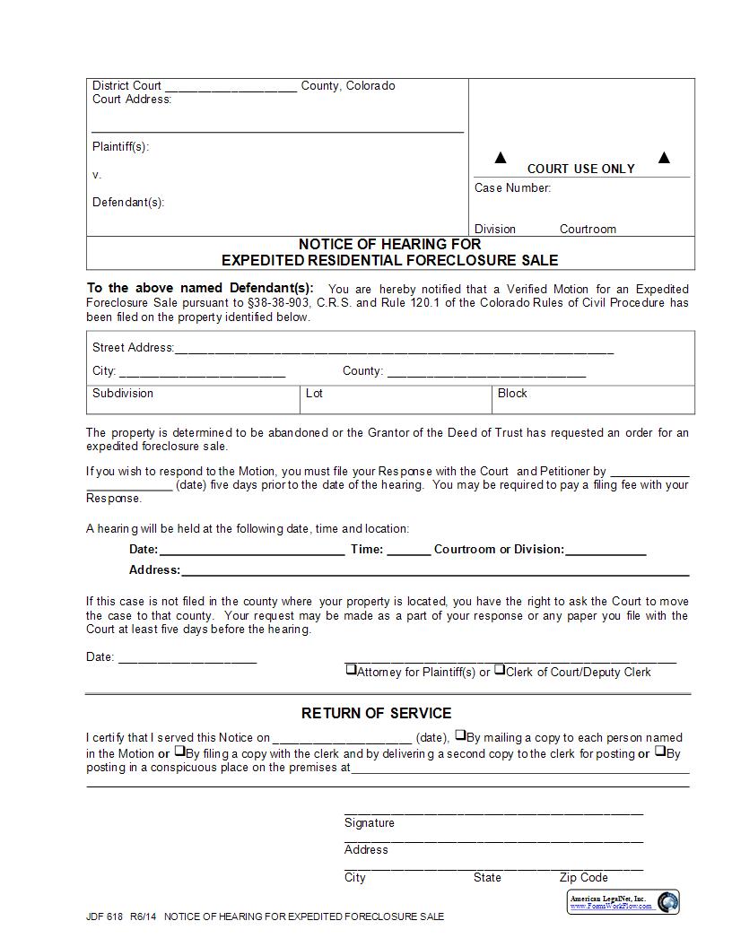 Notice Of Expedited Foreclosure Sale {JDF 618} | Pdf Fpdf Docx | Colorado