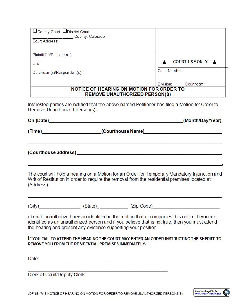 Notice Of Hearing On Motion For Order To Remove Unauthorized Persons {JDF 151} | Pdf Fpdf Docx | Colorado