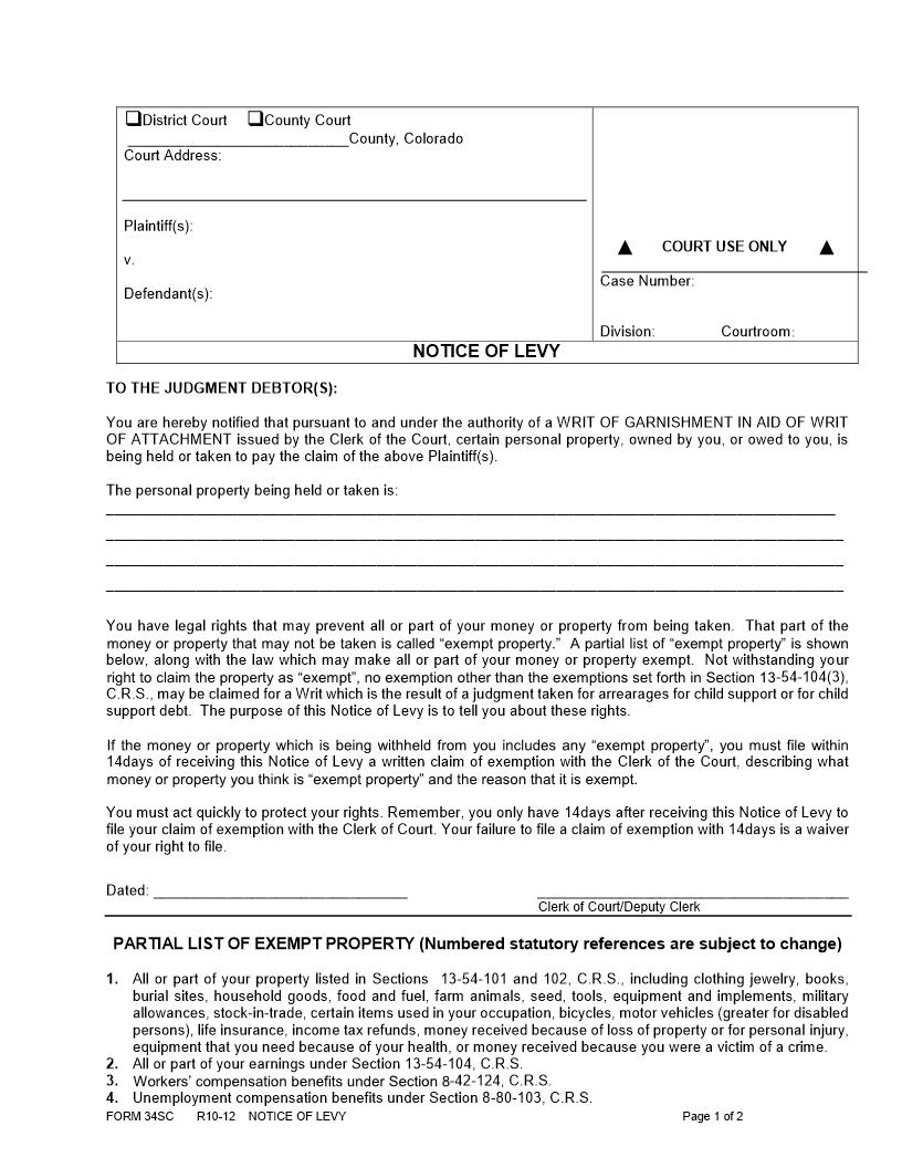 Notice Of Levy {34SC} | Pdf Fpdf Docx | Colorado