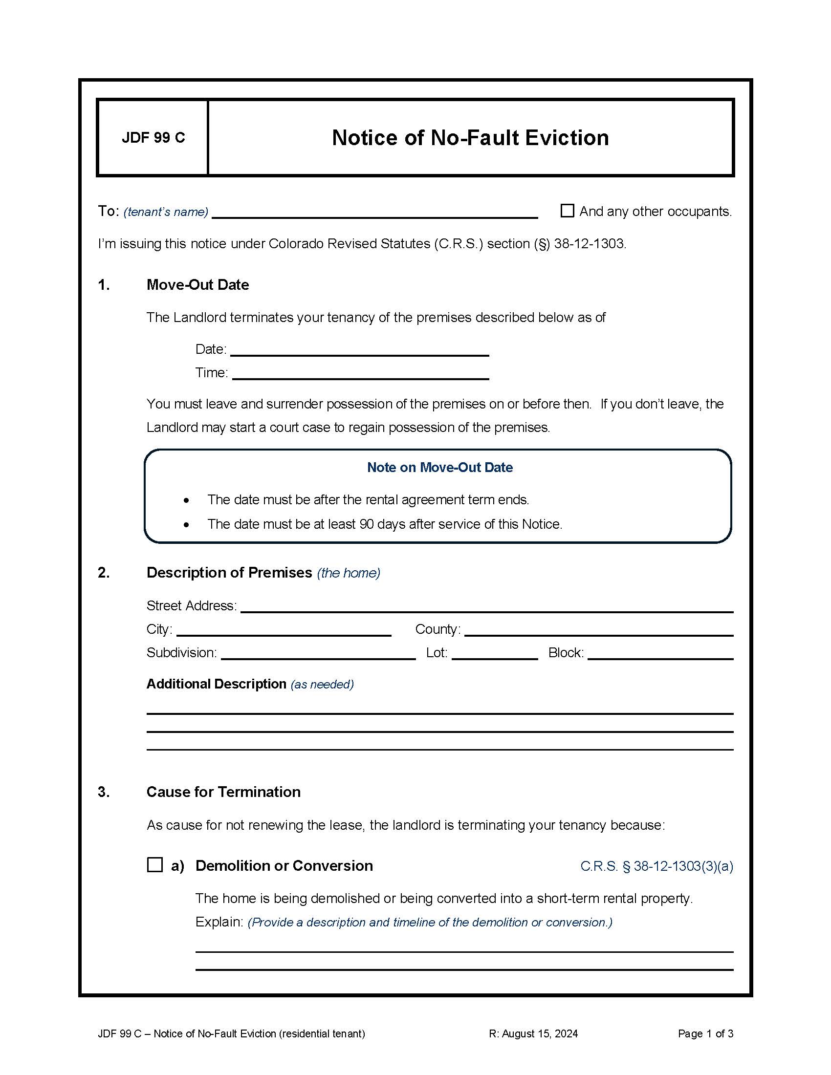 Notice Of No Fault Evictions {JDF 99C} | Pdf Fpdf Docx | Colorado