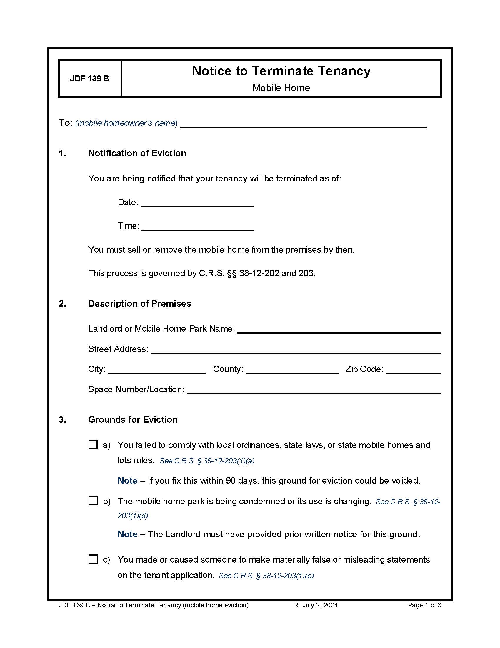 Notice To Quit Mobile Home {JDF 139B} | Pdf Fpdf Docx | Colorado