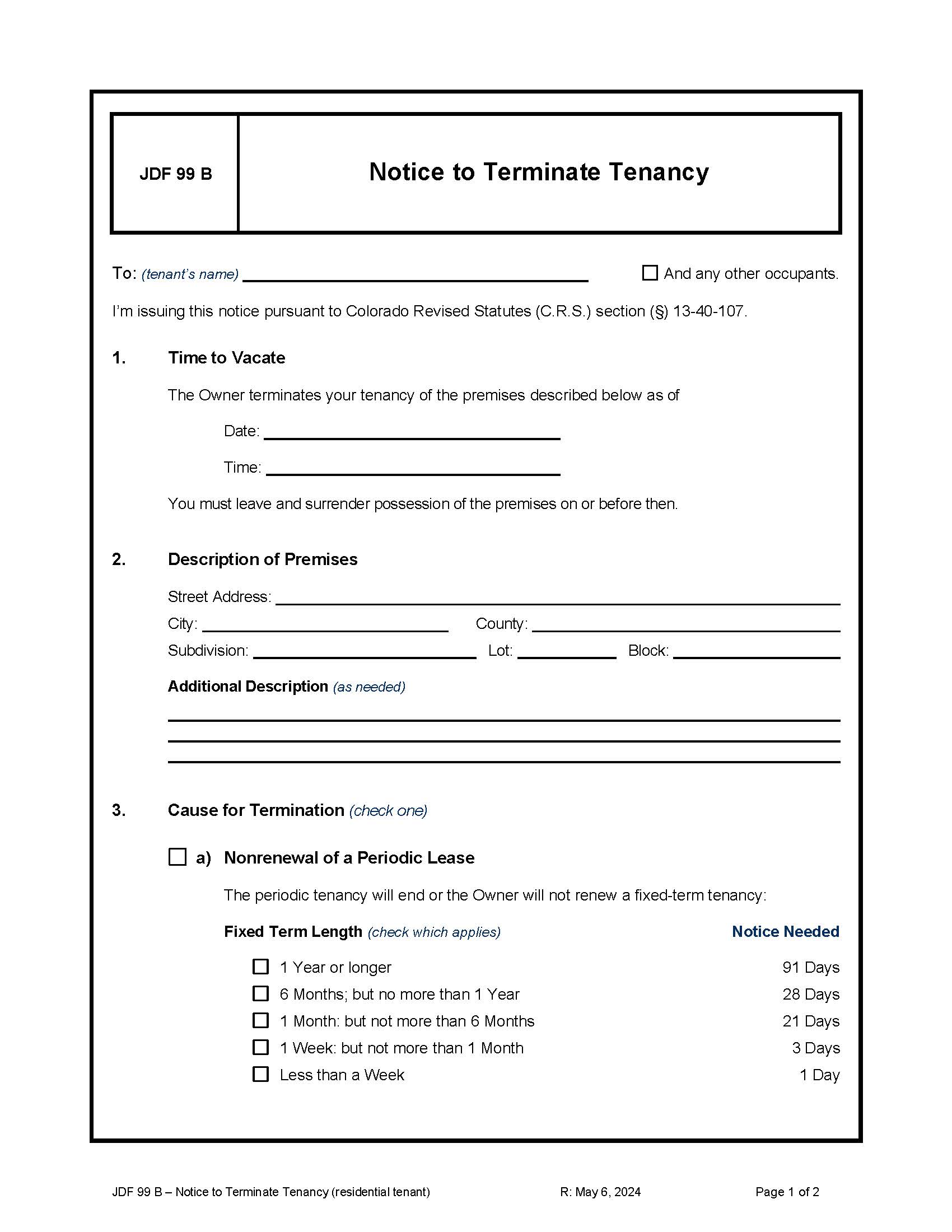 Notice To Terminate Tenancy {JDF 99B} | Pdf Fpdf Docx | Colorado
