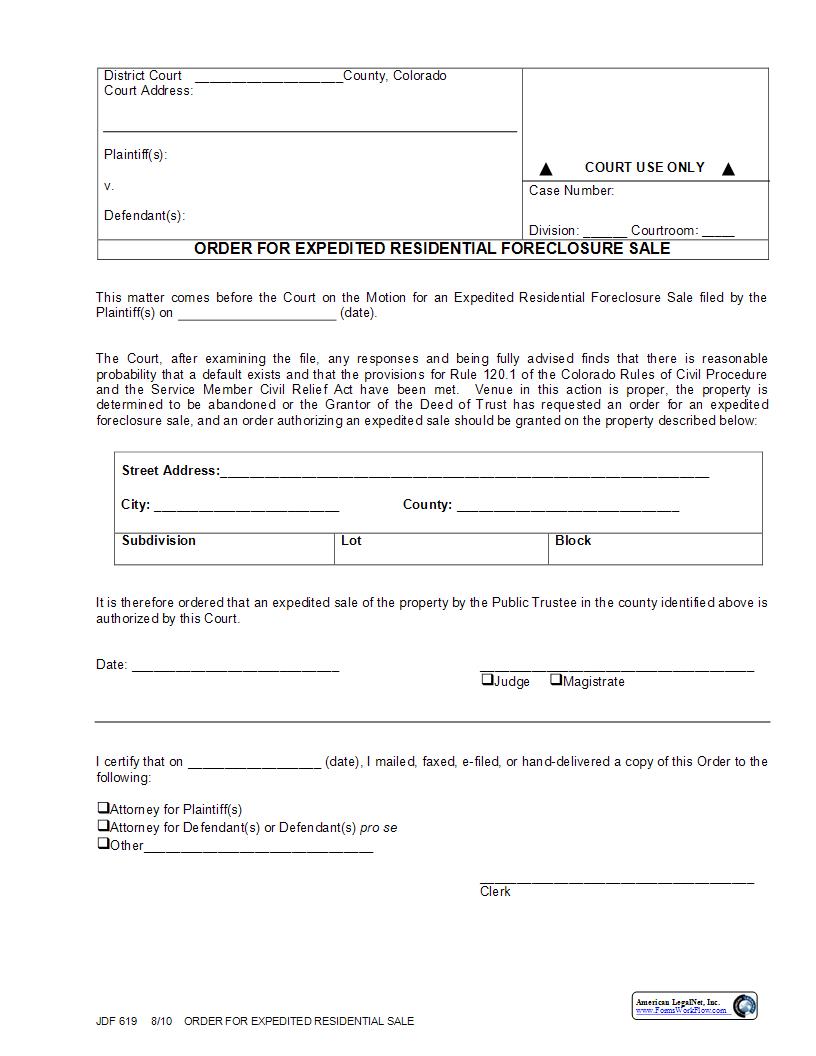 Order for Expedited Residential Foreclosure Sale {JDF 619} | Pdf Fpdf Docx | Colorado