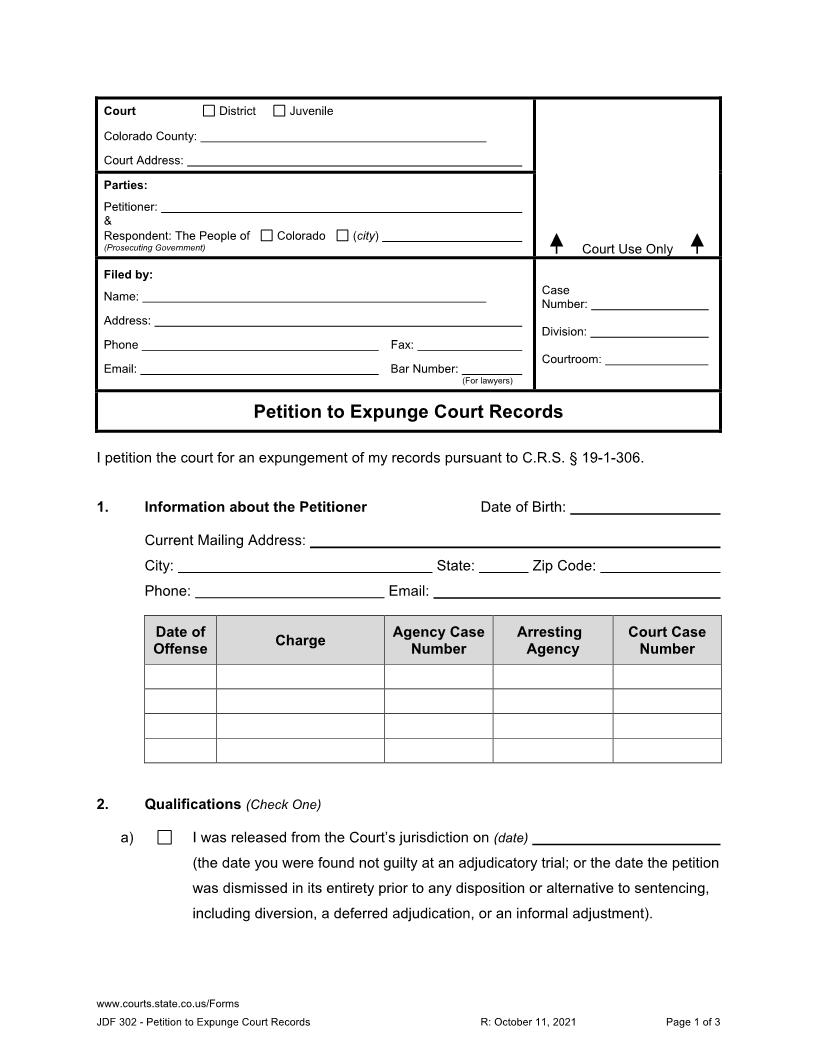 Petition To Expunge Court Records {JDF 302} | Pdf Fpdf Docx | Colorado
