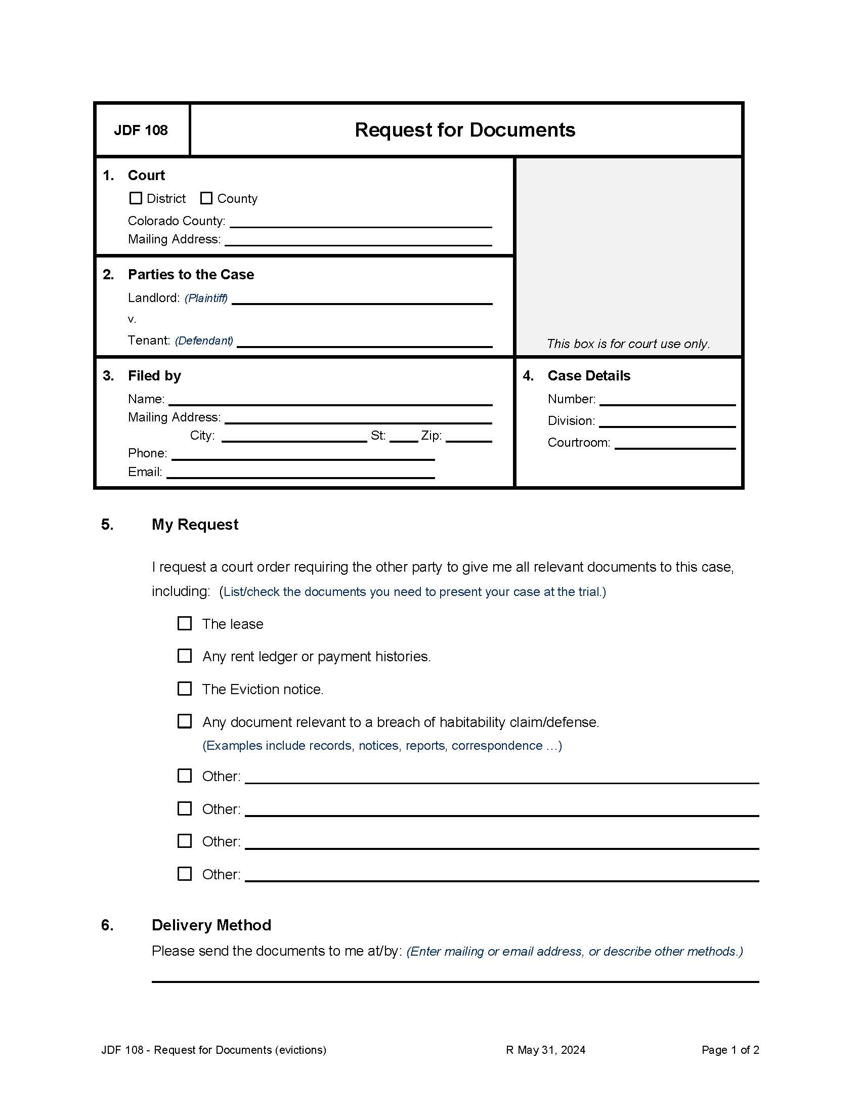 Request For Documents (Evictions) {JDF 108} | Pdf Fpdf Docx | Colorado