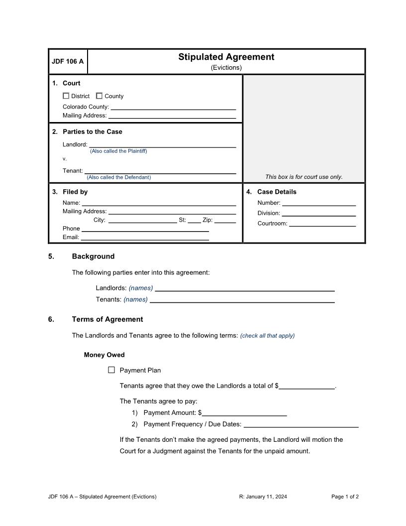 Stipulated Agreement Evictions {JDF 106A} | Pdf Fpdf Docx | Colorado