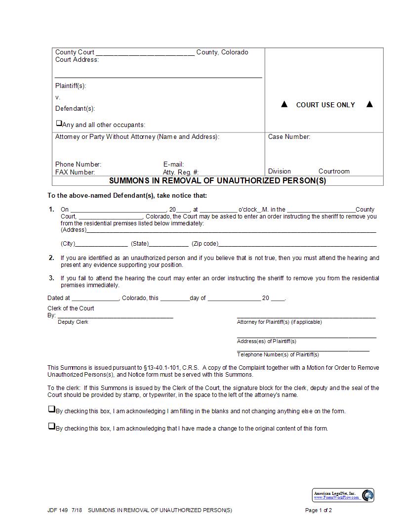 Summons In Removal Of Unauthorized Person {JDF 149} | Pdf Fpdf Docx | Colorado