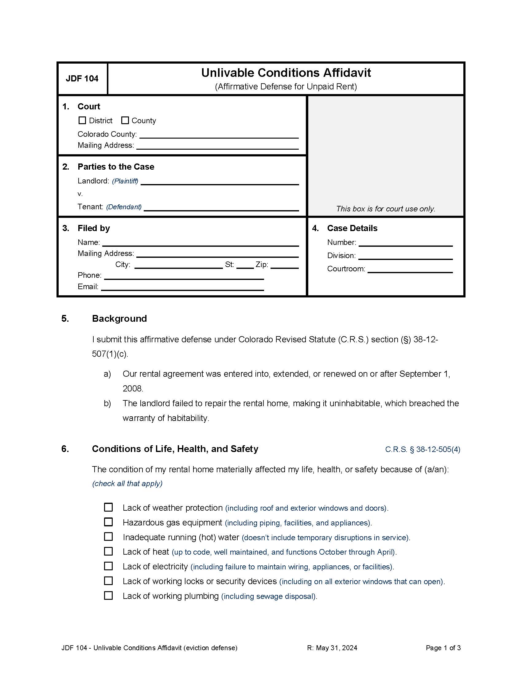 Unliveable Conditions Defense {JDF 104} | Pdf Fpdf Docx | Colorado