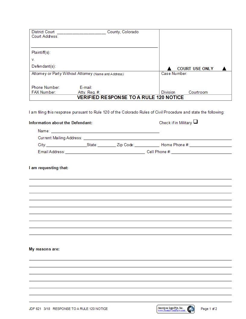 Verified Response To Rule 120 Notice {JDF 621} | Pdf Fpdf Docx | Colorado
