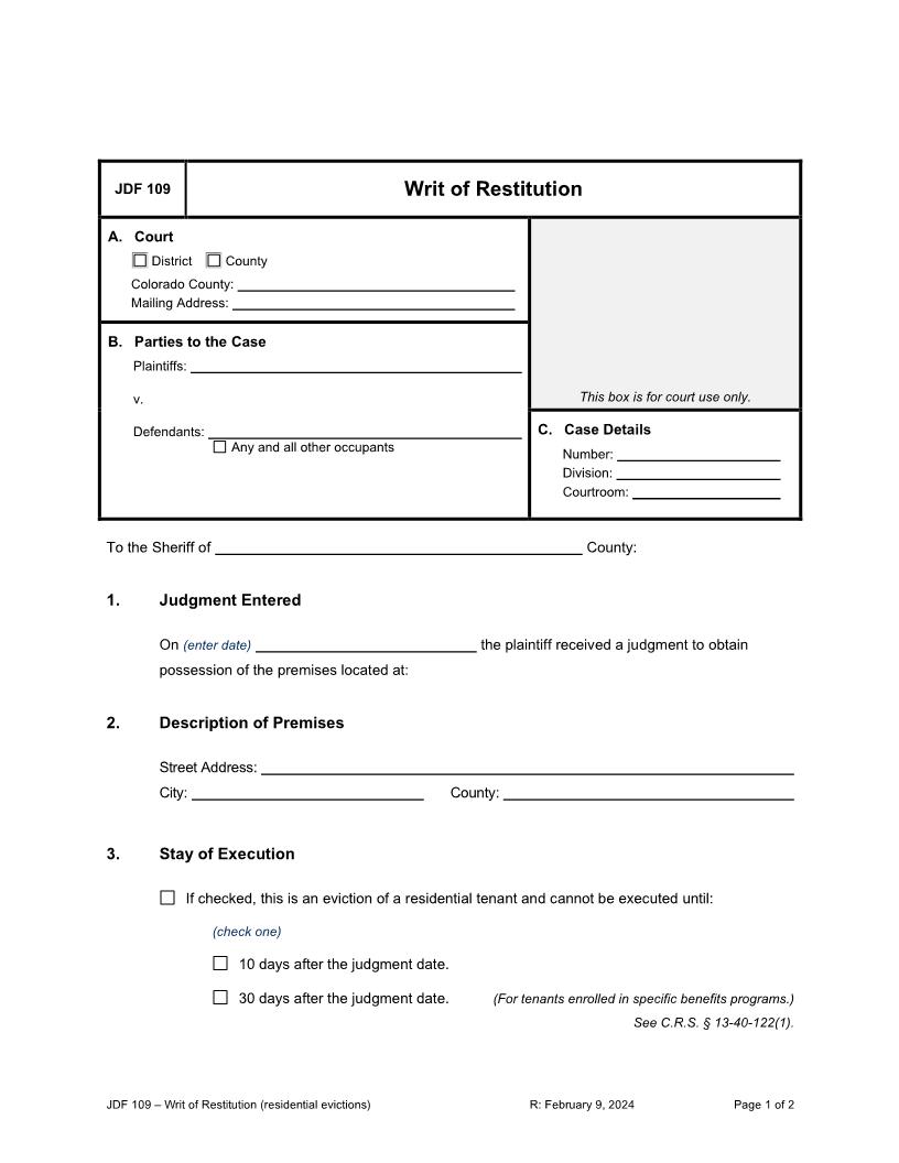 Writ Of Restitution {JDF 109} | Pdf Fpdf Docx | Colorado