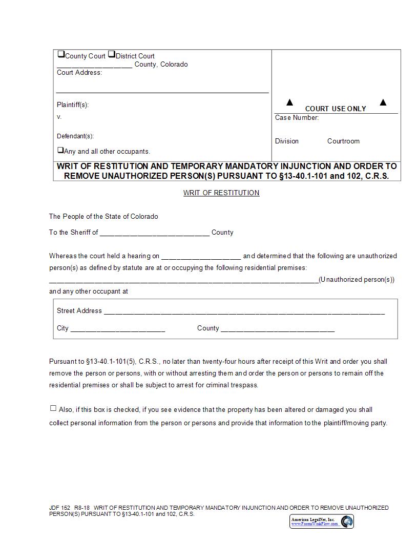 Writ Of Restitution And Temporary Mandatory Injunction And Order {JDF 152} | Pdf Fpdf Docx | Colorado