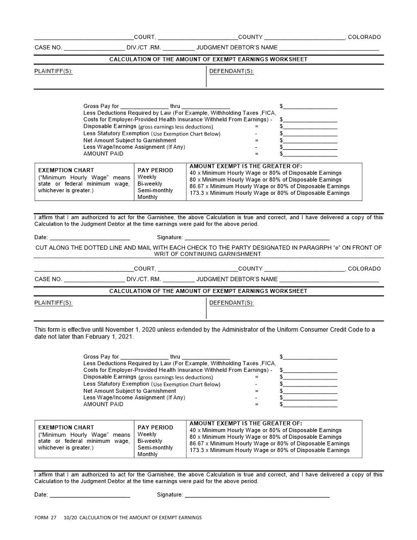 Calculation Of The Amount Of Exempt Earnings Worksheet {CRCP 27} | Pdf Fpdf Doc Docx | Colorado