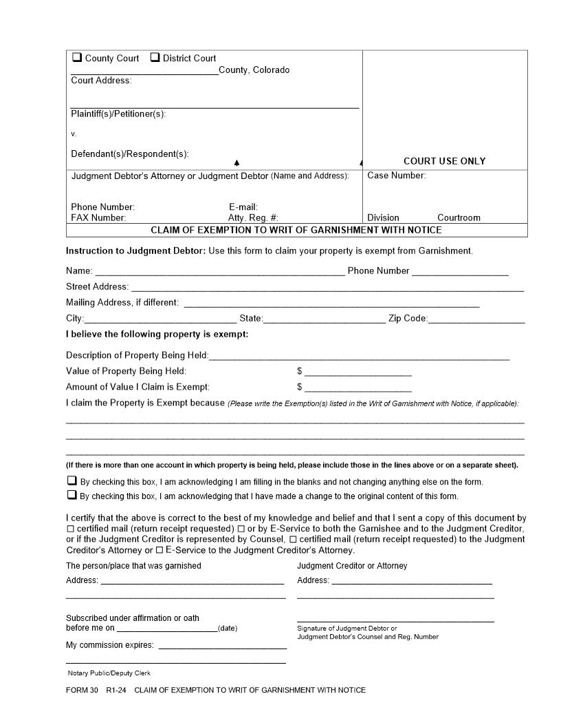 Claim Of Exemption To Writ Of Garnishment With Notice {CRCP 30} | Pdf Fpdf Docx | Colorado