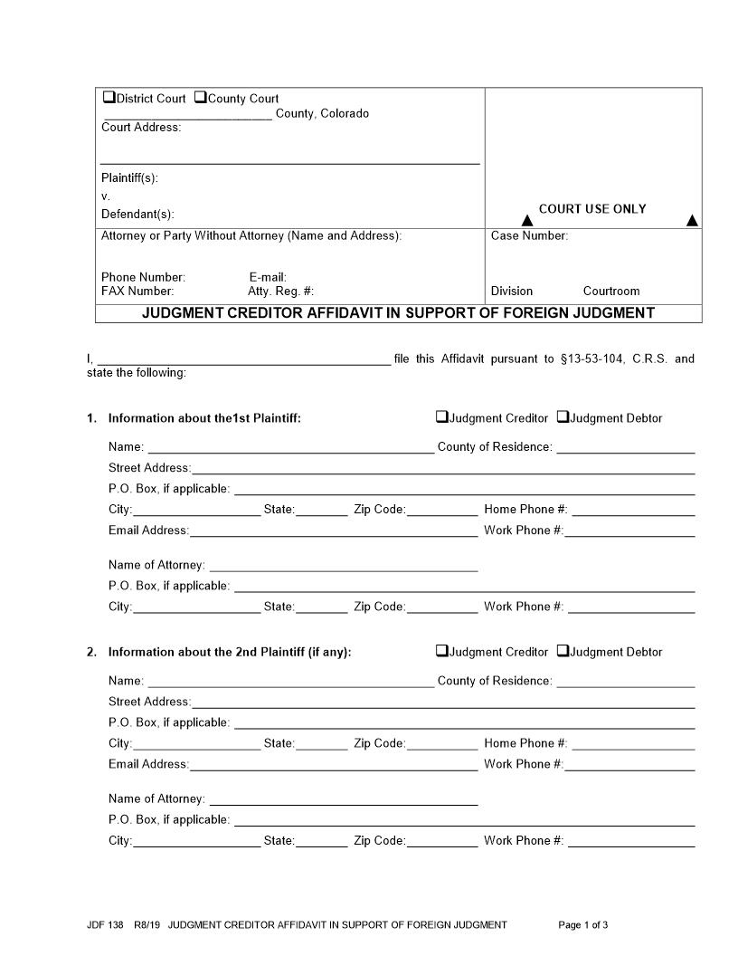 Judgment Creditor Affidavit to Support Foreign Judgment {JDF 138} | Pdf Fpdf Docx | Colorado