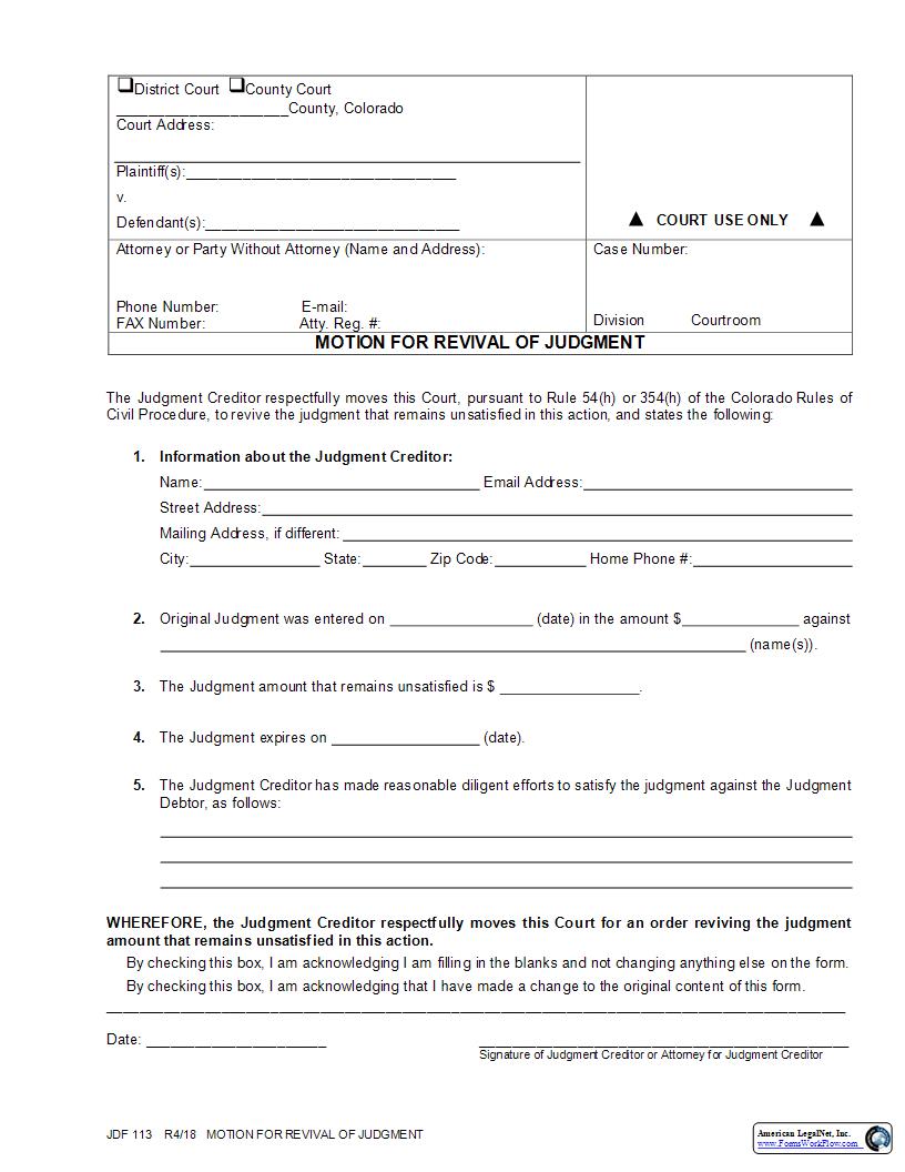Motion For Revival Of Judgment {JDF 113} | Pdf Fpdf Docx | Colorado