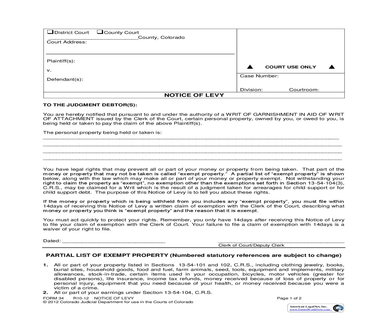 Notice Of Levy {CRCP 34} | Pdf Fpdf Doc Docx | Colorado