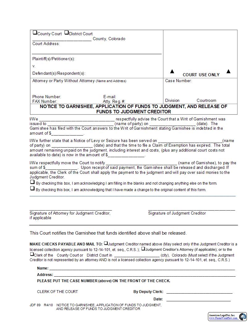 Notice To Garnishee Application Of Funds To Judgment {JDF 89} | Pdf Fpdf Docx | Colorado