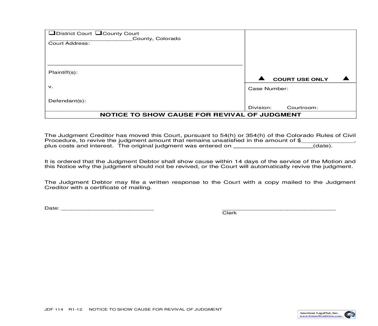 Notice To Show Cause For Revival Of Judgment {JDF 114} | Pdf Fpdf Doc Docx | Colorado