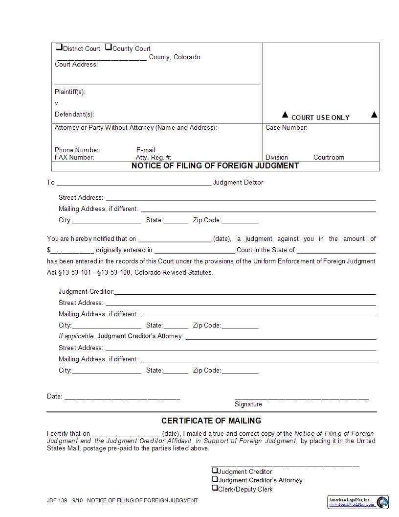 Notice of Filing of Foreign Judgment {JDF 139} | Pdf Fpdf Docx | Colorado