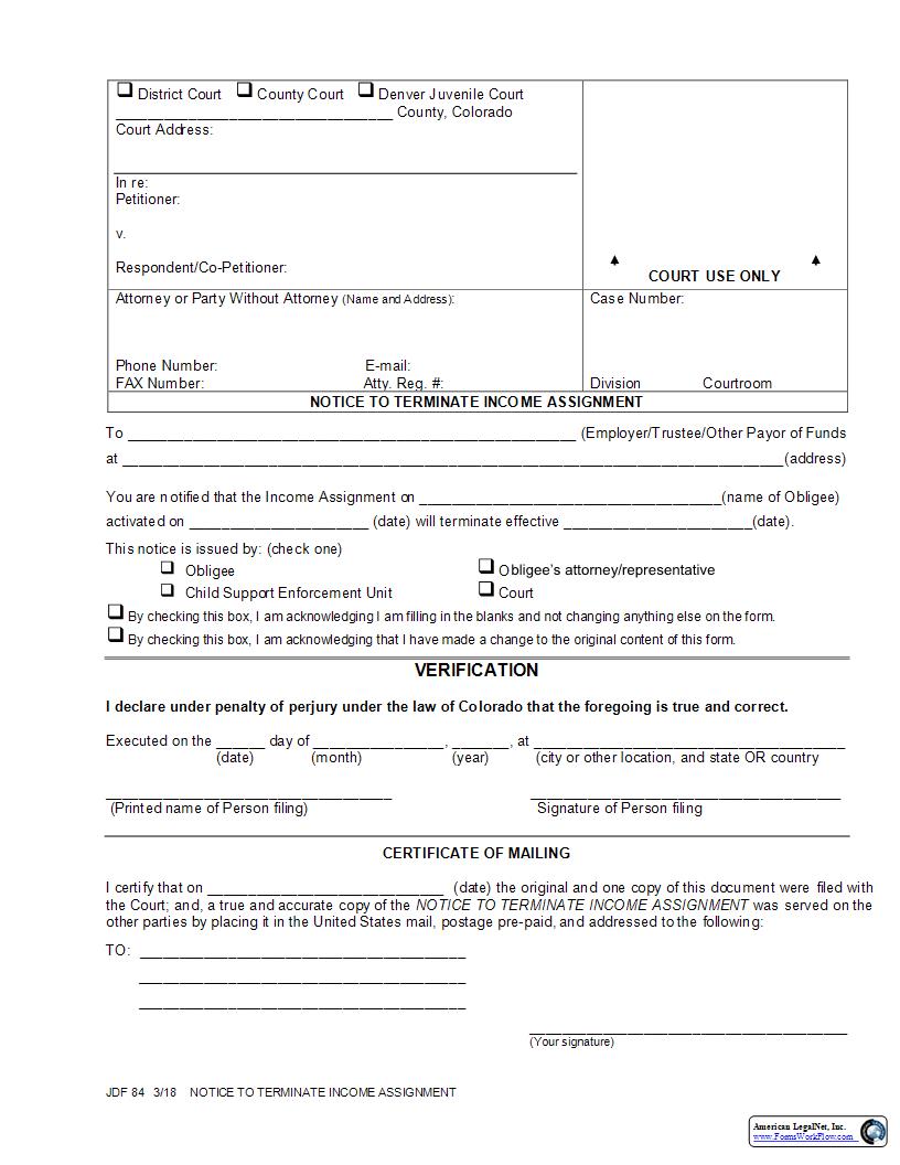 Notice to Terminate Income Assignment {JDF 84}  | Pdf Fpdf Docx | Colorado