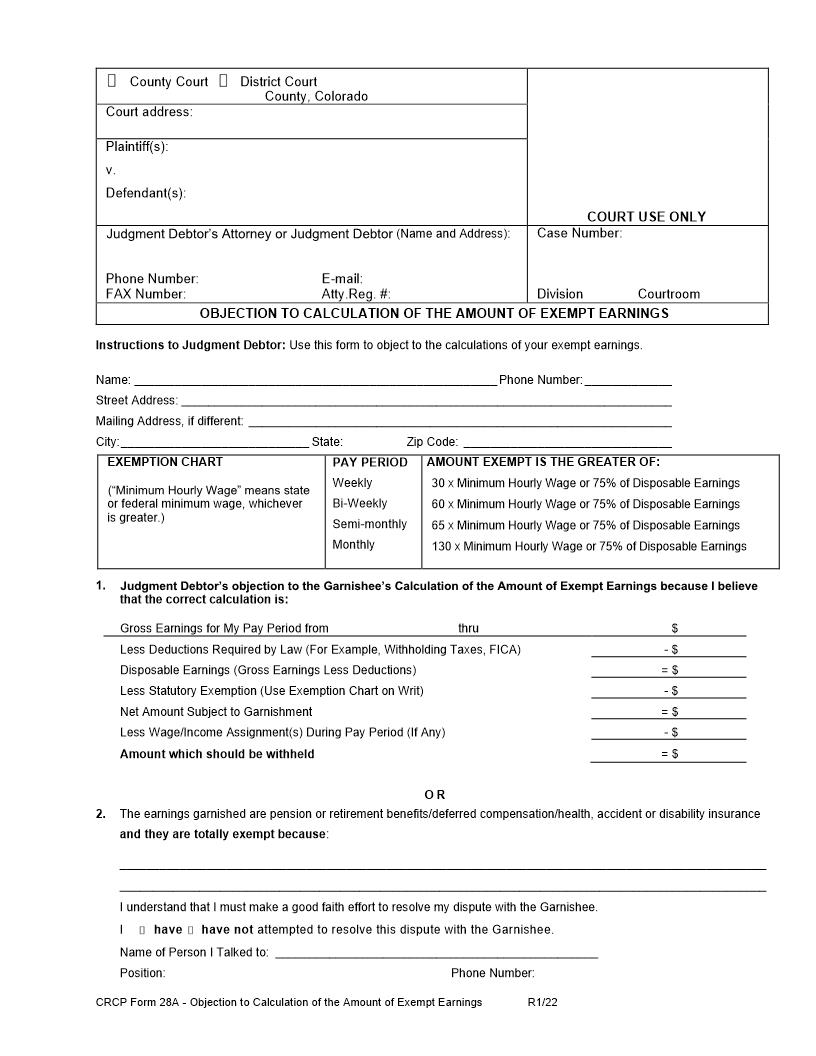 Objection To Calculation Of Exempt Earnings {28A} | Pdf Fpdf Docx | Colorado