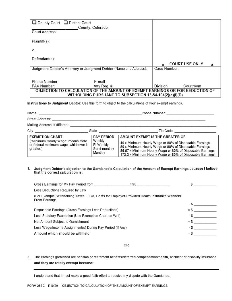 Objection to Calculation of the Amount of Exempt Earnings {28SC} | Pdf Fpdf Docx | Colorado
