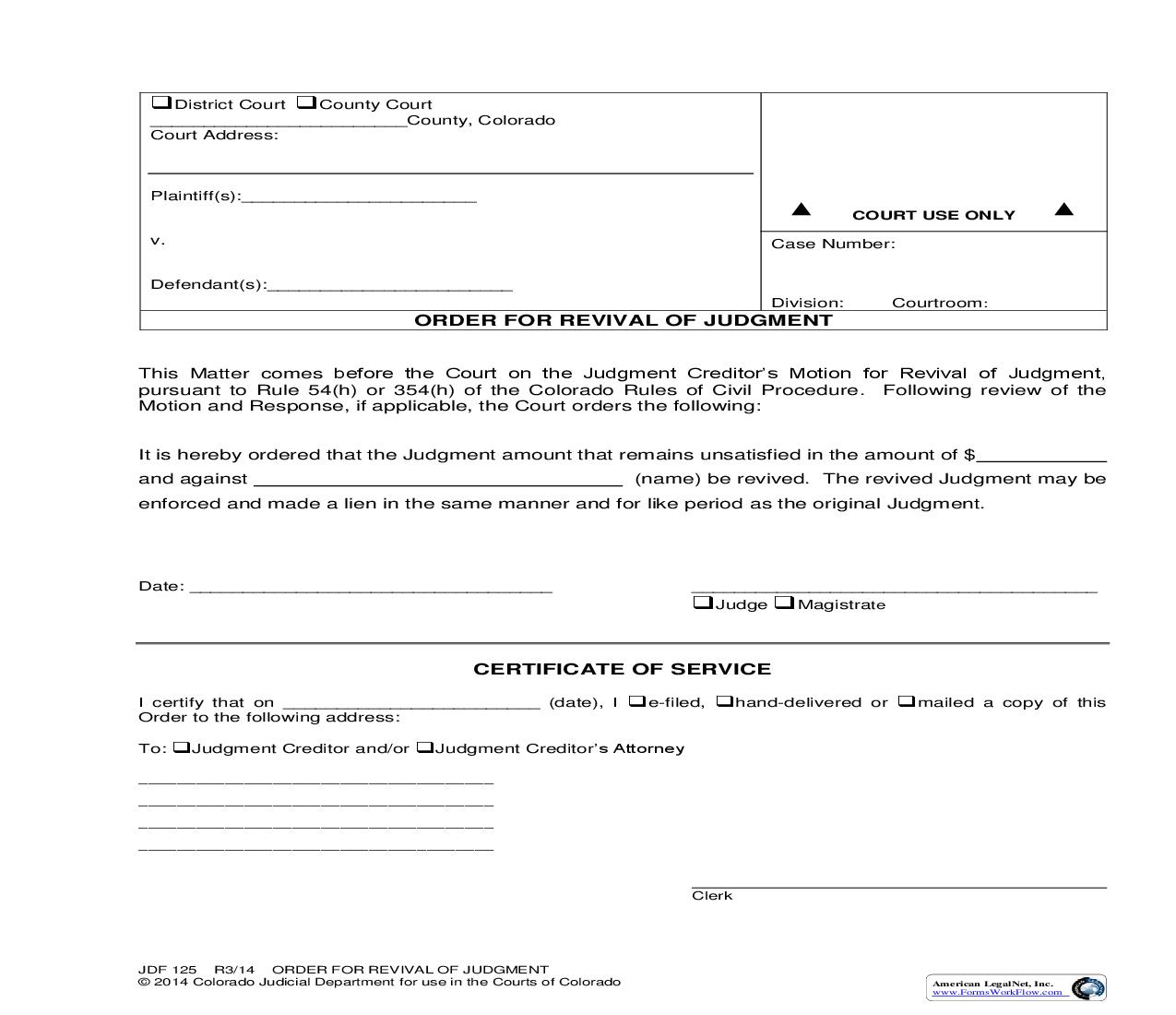 Order For Revival Of Judgment {JDF 125} | Pdf Fpdf Doc Docx | Colorado