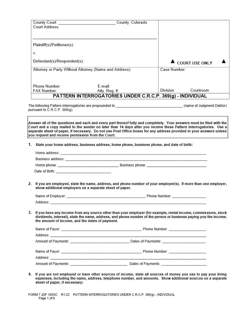 Pattern Interrogatories Individual {JDF 105SC} | Pdf Fpdf Docx | Colorado