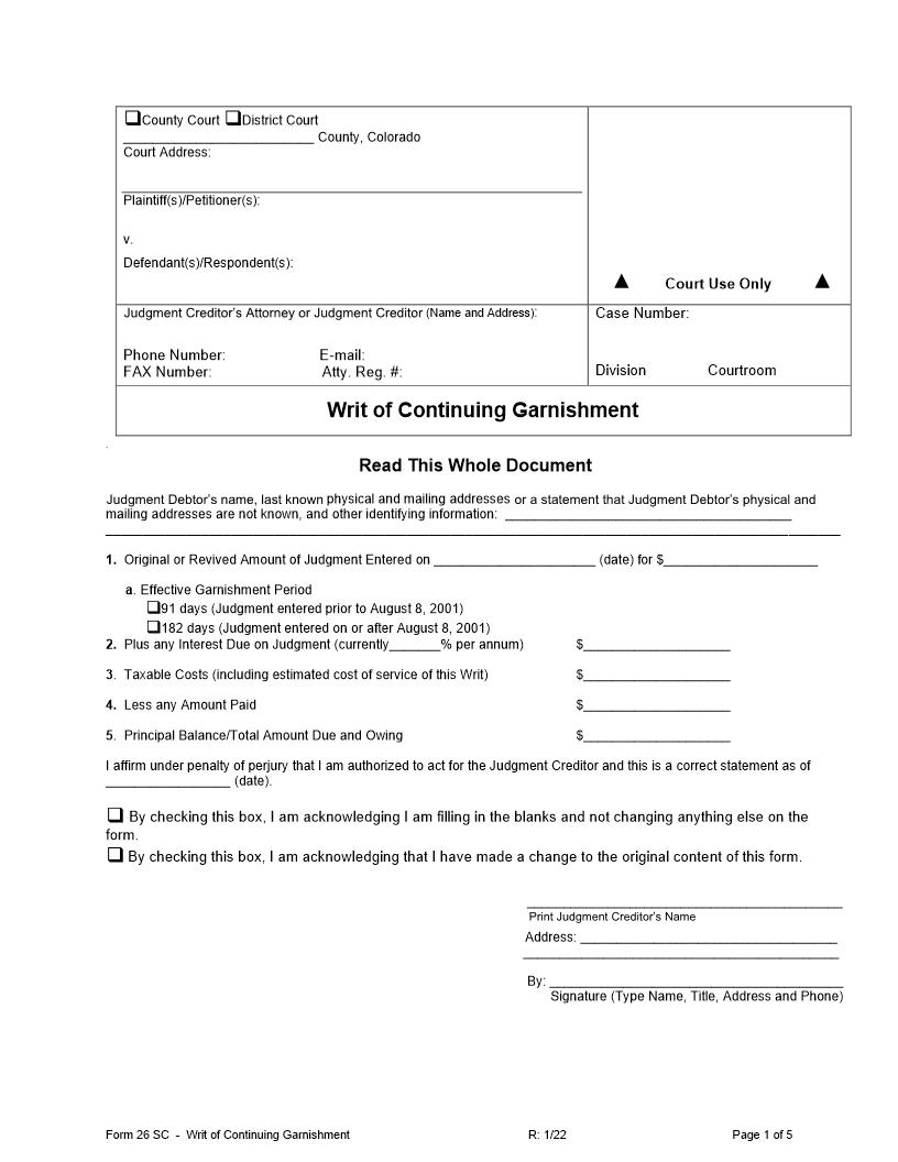 Writ Of Continuing Garnishment {26SC} | Pdf Fpdf Docx | Colorado