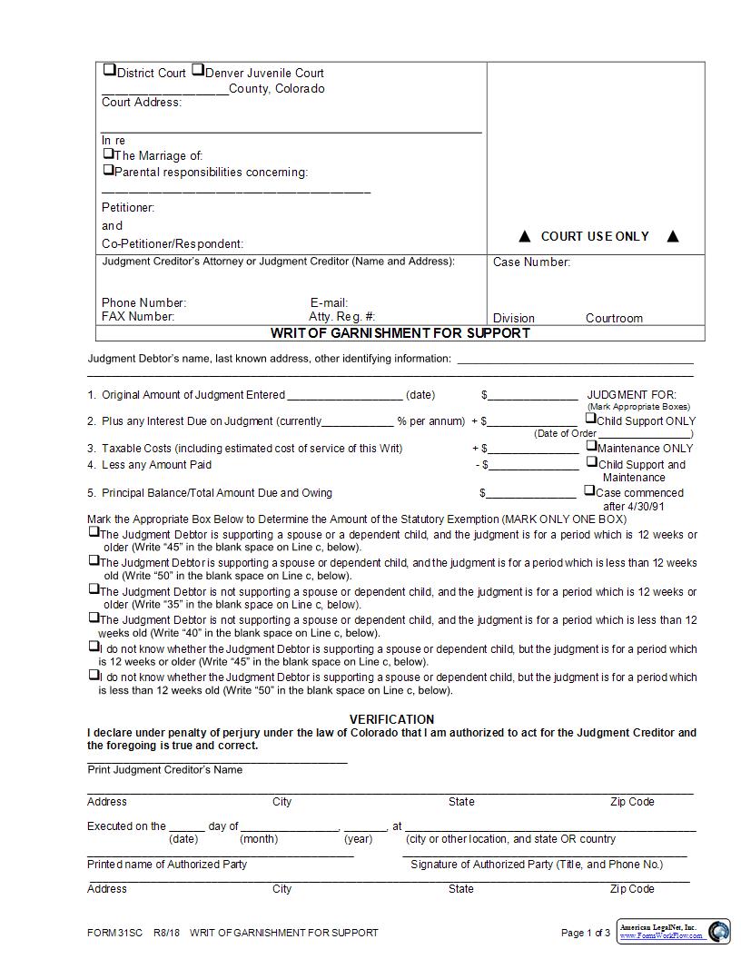 Writ Of Garnishment For Support {31SC} | Pdf Fpdf Docx | Colorado