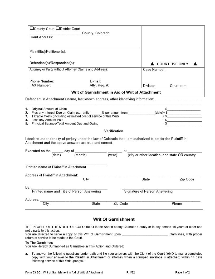 Writ Of Garnishment In Aid Of Writ Of Attachment {33SC} | Pdf Fpdf Docx | Colorado