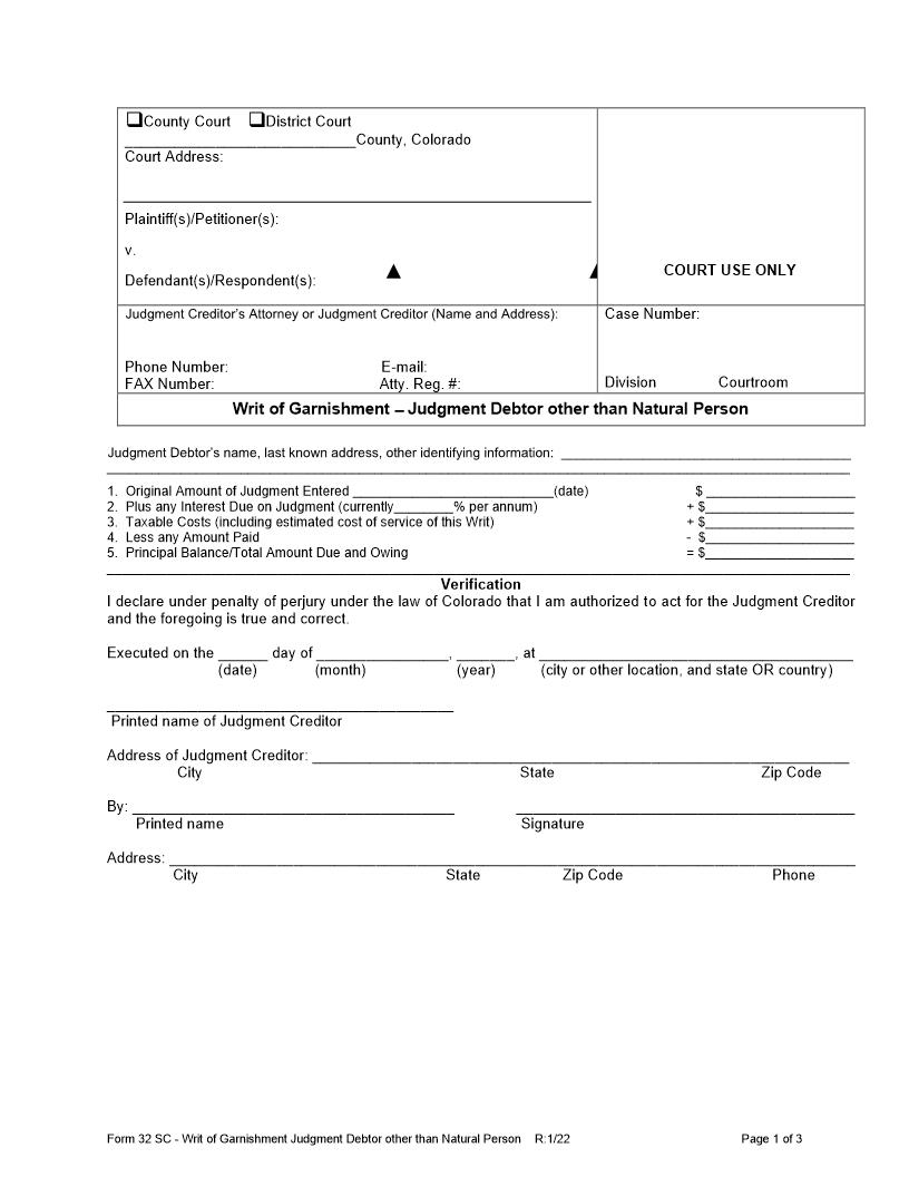 Writ Of Garnishment Judgment Debtor Other Than Natural Person {32SC} | Pdf Fpdf Docx | Colorado