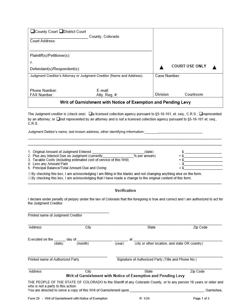 Writ Of Garnishment With Notice Of Exemption And Pending Levy {29SC} | Pdf Fpdf Docx | Colorado