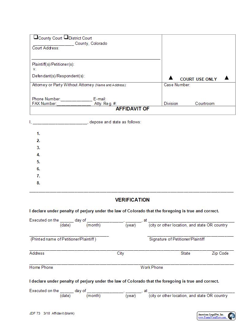 Affidavit Generic {JDF 73} | Pdf Fpdf Docx | Colorado