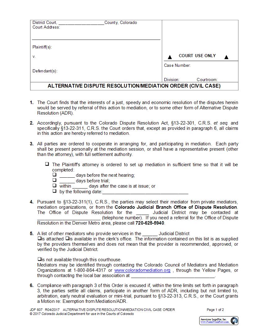 Alternative Dispute Resolution Or Mediation Order (Civil Case) {JDF 607} | Pdf Fpdf Docx | Colorado