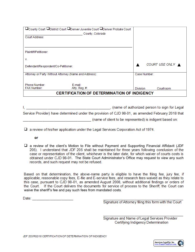 Certification of Determination of Indigency {JDF 203} | Pdf Fpdf Docx | Colorado