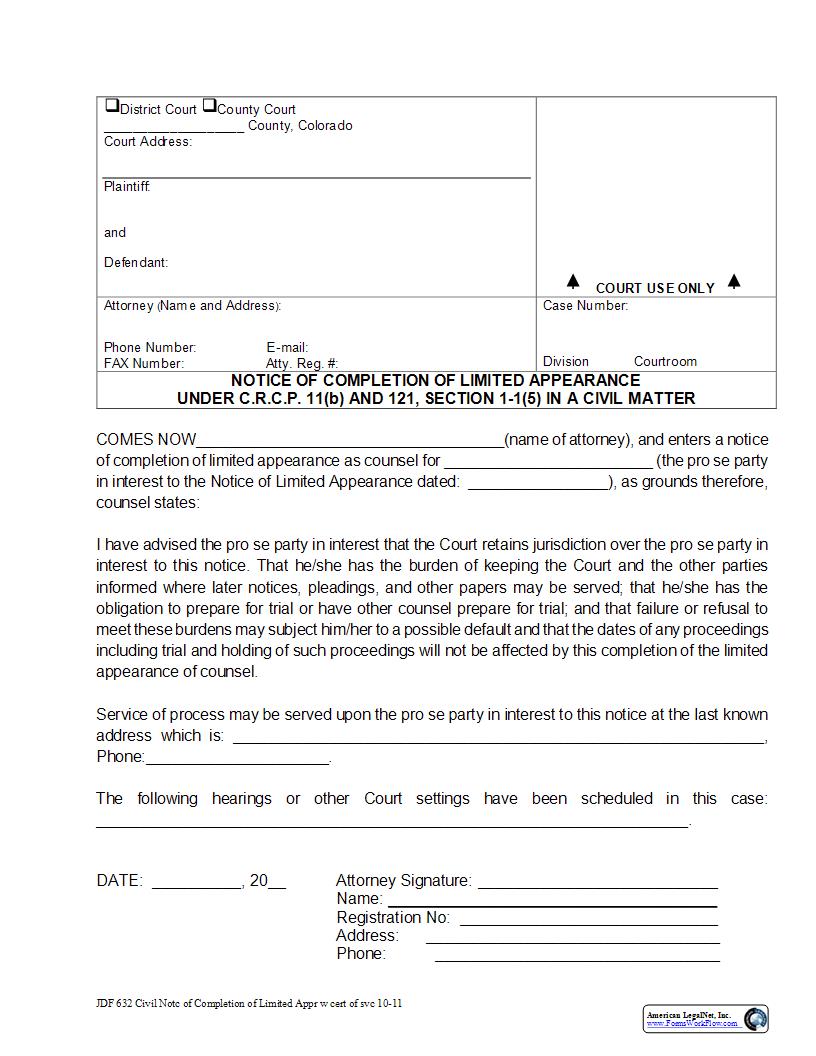 Civil Notice Of Completion Of Limited Appearance {JDF 632} | Pdf Fpdf Docx | Colorado