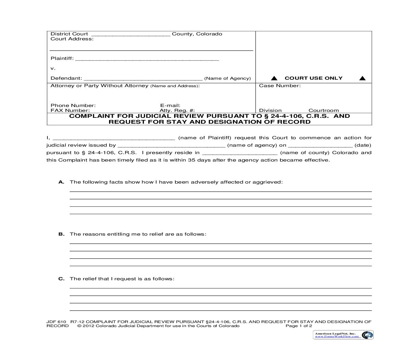 Complaint For Judicial Review Pursuant To Section 24-4-106 CRS And Request For Stay {JDF 610} | Pdf Fpdf Doc Docx | Colorado
